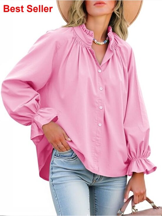 Tops - Cotton Puff Sleeve Button Down Blouse Loose Fit V Neck Casual Top